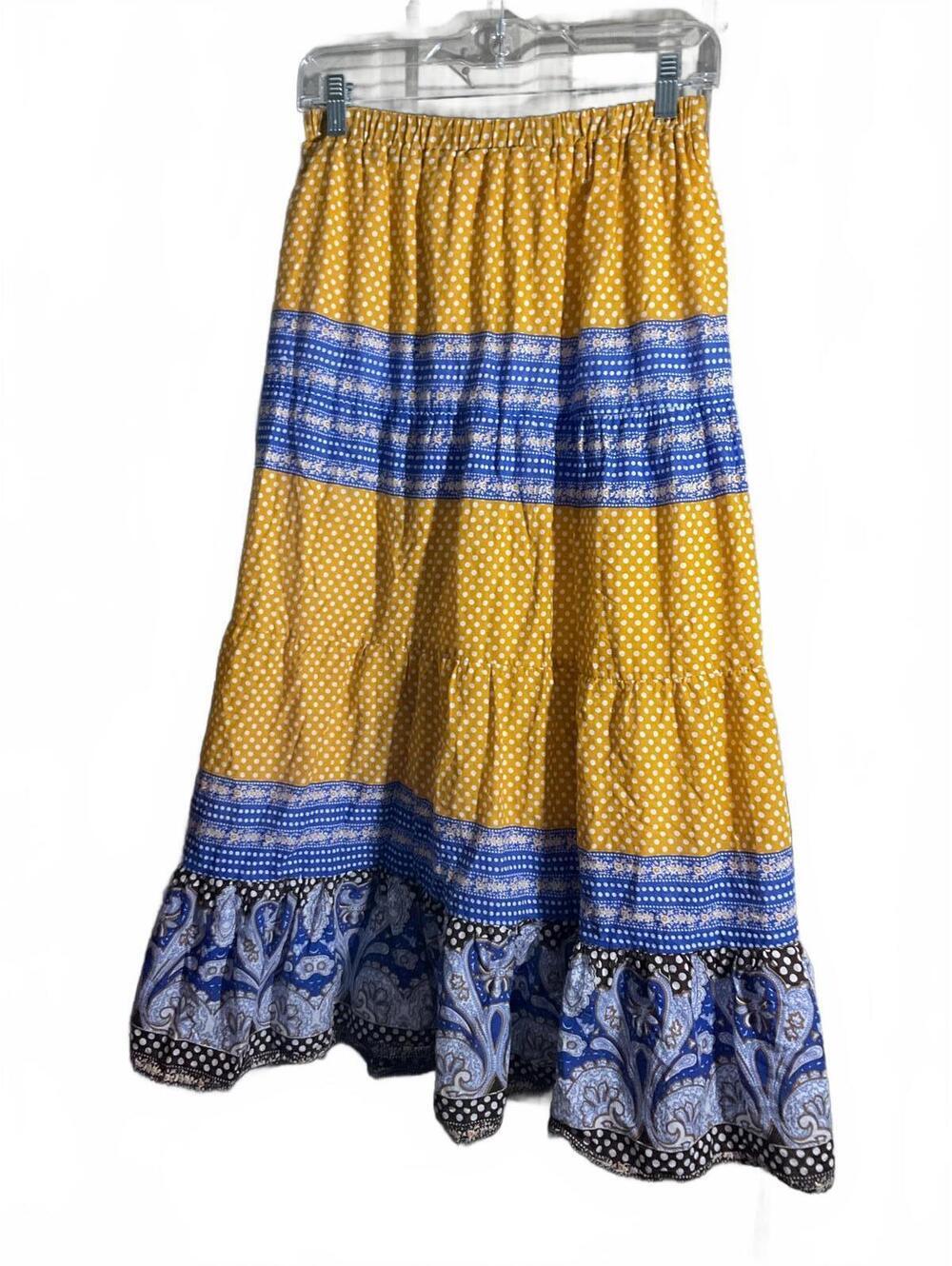She's Cool Boho Chic Tiered Maxi Skirt - Yellow and Blue Patterned Fabric Small